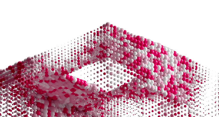 Image of a fractal cube made from pink and white balls